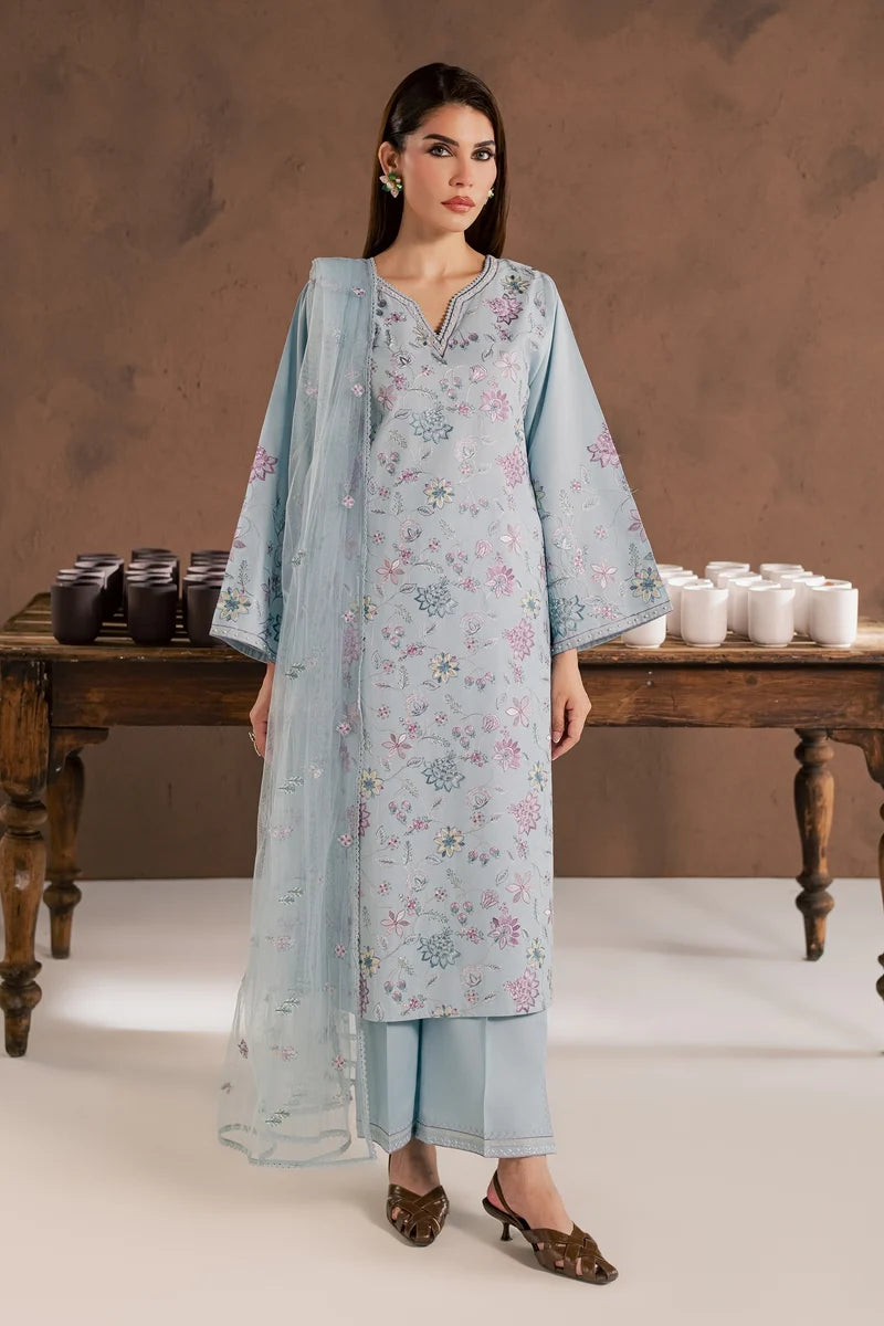 Breezy Blue 3Pc Embroidered Cambric Ready to Wear Dress