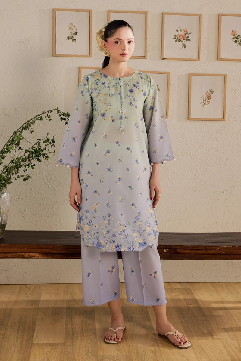 Dorami 2Pc Mint & Lavender Printed Lawn Ready to Wear Dress