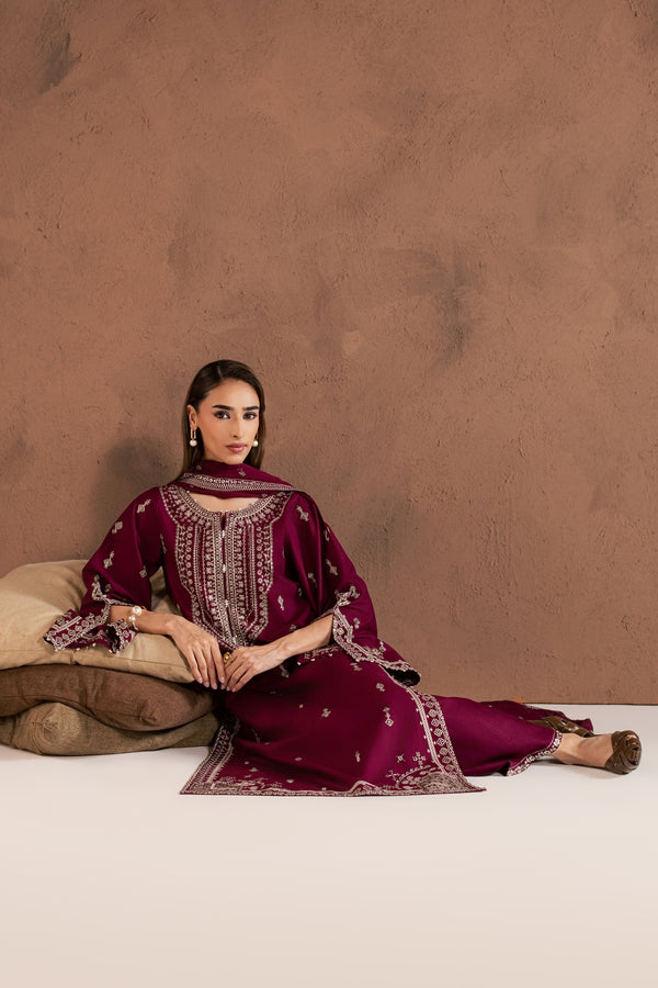 Solene Red 3Pc Embroidered Cambric Ready to Wear Dress