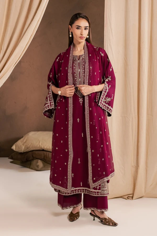Solene Red 3Pc Embroidered Cambric Ready to Wear Dress