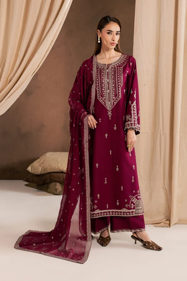 Solene Red 3Pc Embroidered Cambric Ready to Wear Dress