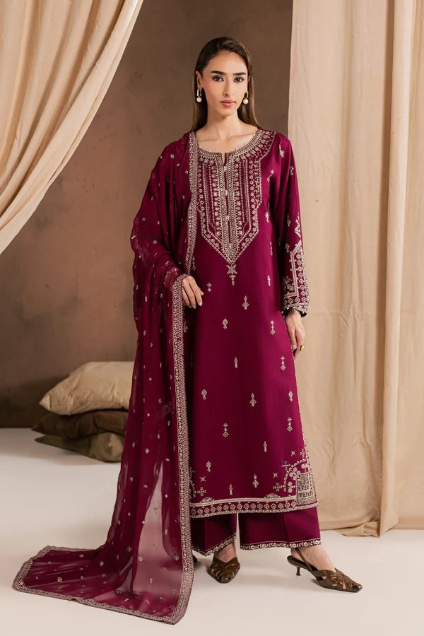 Solene Red 3Pc Embroidered Cambric Ready to Wear Dress