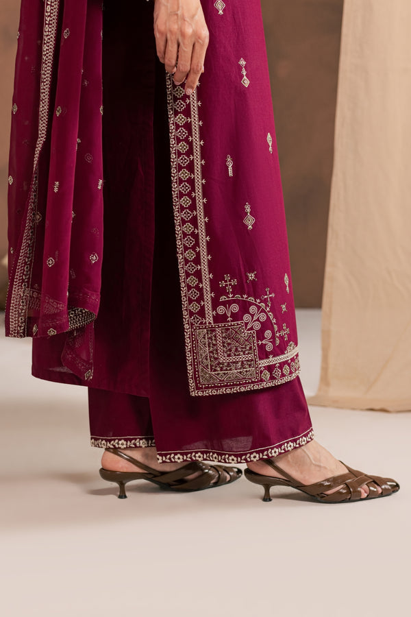 Solene Red 3Pc Embroidered Cambric Ready to Wear Dress