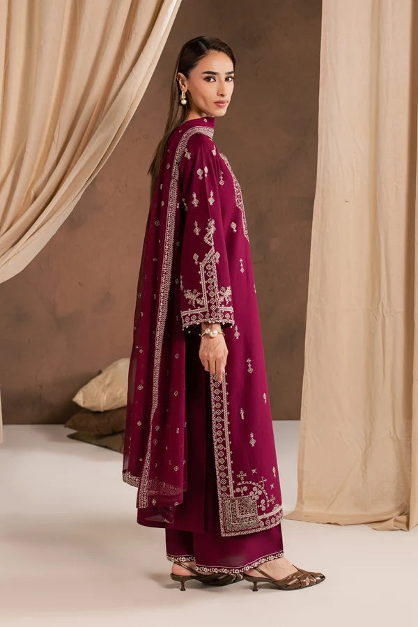 Solene Red 3Pc Embroidered Cambric Ready to Wear Dress