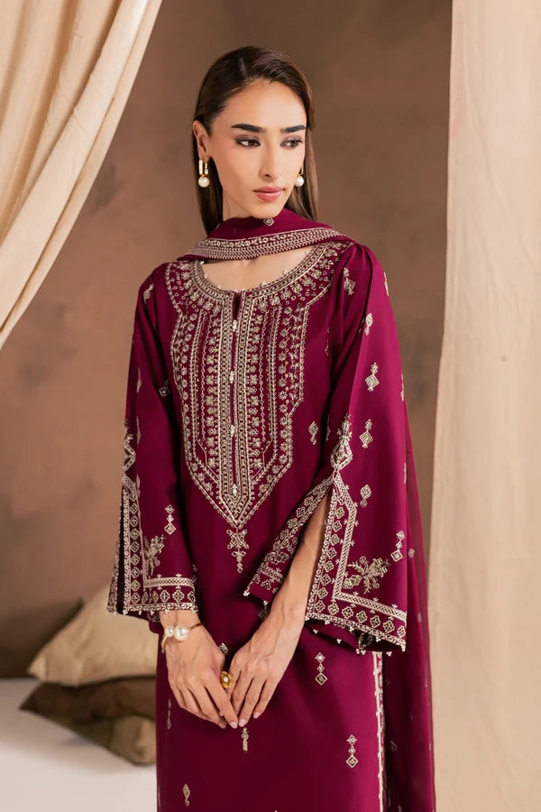 Solene Red 3Pc Embroidered Cambric Ready to Wear Dress