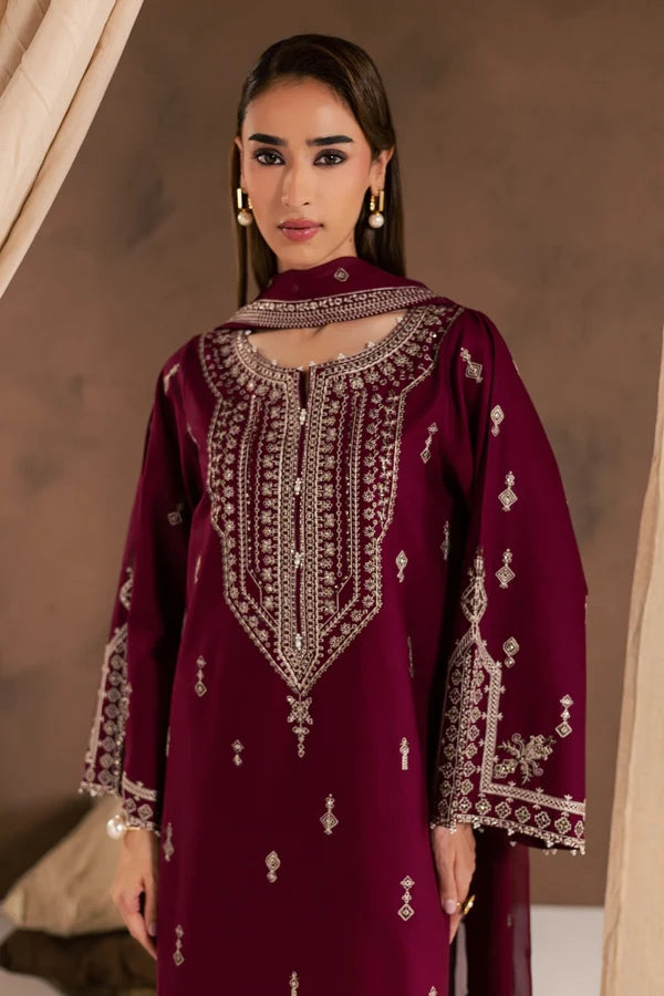 Solene Red 3Pc Embroidered Cambric Ready to Wear Dress