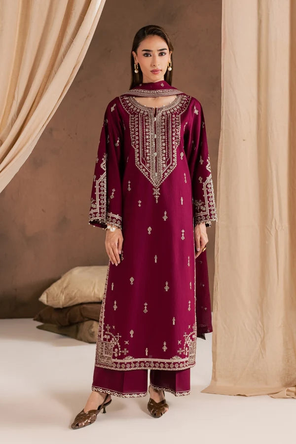 Solene Red 3Pc Embroidered Cambric Ready to Wear Dress